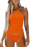 Beachsissi Damen Zweiteiler Badeanzüge Gepolsterter Kordelzug Seitliche Bademode Neckholder Leopard Print Tankini Sets, Orange, S