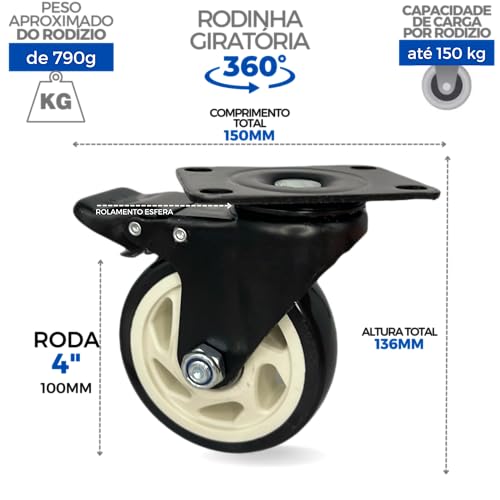 Kit 4 Rodinhas Rodizio Roda 4 Polegadas Giratórias E Fixas (Preto)