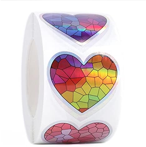 Mercei Heart Stickers with Stained Glass Background and Silver Holographic Frame, 1.5 inch Small Heart Shaped Adhensive Sticker Labels in a Roll, Decorative or Seal in Business and Personal Package