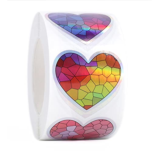 Mercei Heart Stickers With Stained Glass Background And Silver Holographic Frame, 1.5 Inch Small Heart Shaped Adhensive Sticker Labels In A Roll, Decorative Or Seal In Business And Personal Package #TOP17