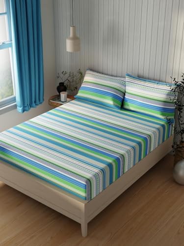 Image of KOPA Extra Smooth Cotton Double Bedsheet with 2 Pillow Covers -3pc Set (Lopez) | Extra Smooth Cotton | 1 Double Bedsheet with 2 King Size Pillow Covers Stripe-Green /Multi
