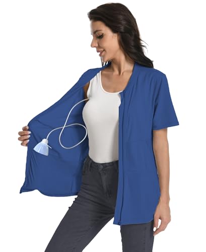Mastectomy Shirt with Drain Pockets Breast Mastectomy Recovery Supplies Nephrostomy Drain Bag Tummy Tuck Must Haves Clothing Comfy Post OP Camisoles After Mastectomy Short Sleeve Shirts Royal Blue