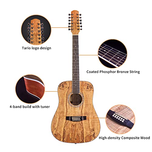 Tario STLD932-12NT 12 Strings Acoustic Guitar Spalted Maple Top Mahogany Back & Sides Okoume Neck thumb #3