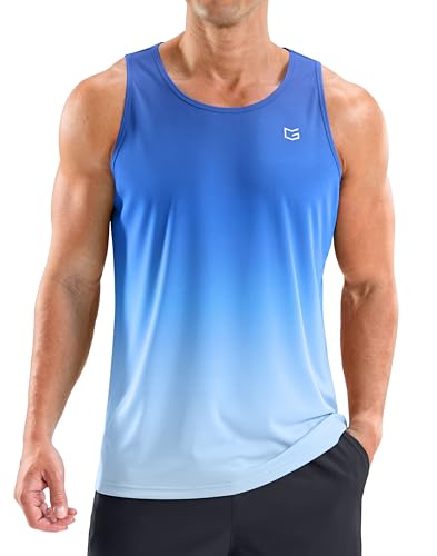 Beach Tank Tops for Men UPF50+ Dry Fit Sleeveless Shirts, Blue White, L
