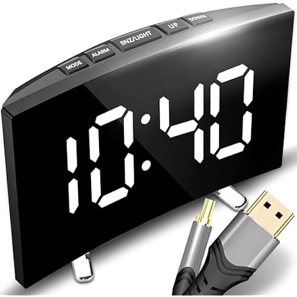 Retoo Budzik Cyfrowy LED Elektroniczny Zegar Stołowy Budzik Podróżny Zegar Na Baterie Ładowanie przez USB Przenośny Lustrzany Alarm z 2 Alarmami Funkcja Drzemki Kalendarz Wyświetlacz