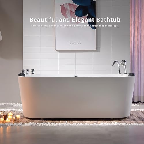 Empava 59 in. Acrylic Freestanding Tub Hydromassage Gracefully Oval Shaped Whirlpool 8 Water Jets Soaking SPA, Double-Ended Massage Bathtub with Two Black Pillow - Thumbnail 7