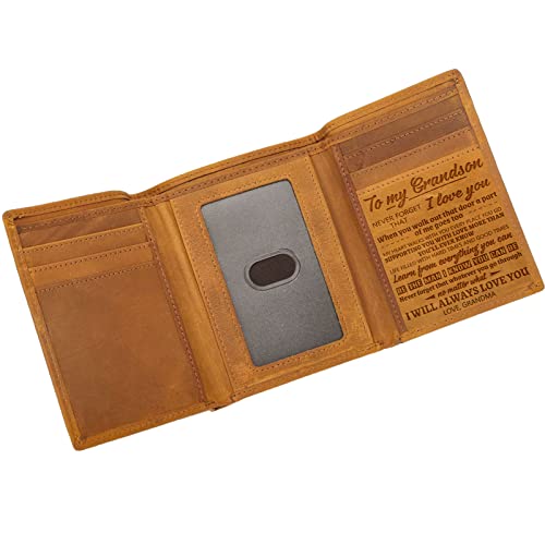 Engraved Leather Wallets for Grandson Tri-fold Wallet for Men Gifts To My Grandson from Grandma Nana (I will Always Love You from Grandma)