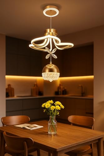 Image of Desidiya Modern LED Crystal Pendant Light Dimmable Elegant Gold Design & 3-Light Modes Ceiling Light Fixture for Living Room, Dining Room, Bedroom Comes with Cystal Butterfly