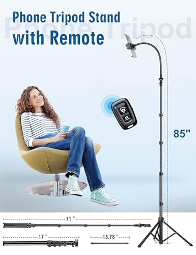 Image of Nineigh Phone Tripod, 85 inch Tripod for Cell Phone iPhone with Gooseneck