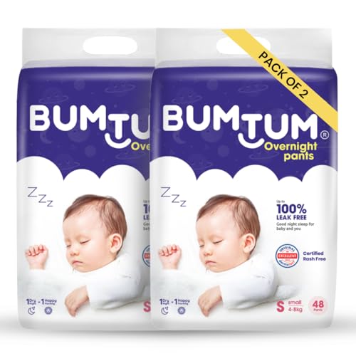 Image of Bumtum Baby Overnight Diaper Pants - Size S (4-8 kg), 96 Count | All night Absorption with Pillow Soft Comfort | No Leak | 100% Rashfree | With soothing Chamomile Microbial Layer | Pack of 2
