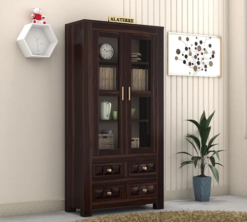 Image of Wood Book Shelf with Glass Door, Wooden Bookshelf for Home Library, Kitchen Crockery Cabinet, Study Room Furniture, Books Rack, Bookcases, Walnut Finish