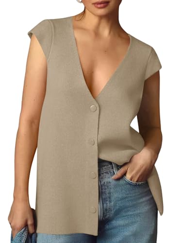 Image of Saodimallsu Womens Deep V Neck Sweater Vest Sleeveless Knit Button Up Loose Fit Cap Sleeve Trendy Summer Tops