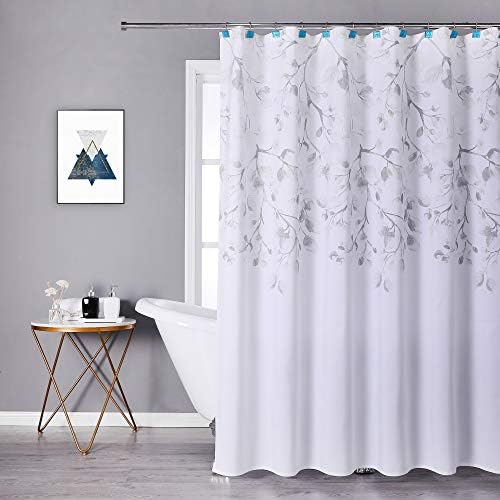 Central Park Gray Tan Leaf Shower Curtain Water Resistant Decorative Sweeping Floral Print Canvas Bathroom Spa Hotel Shower Curtain with Buttonholes (White, 70"x72" )