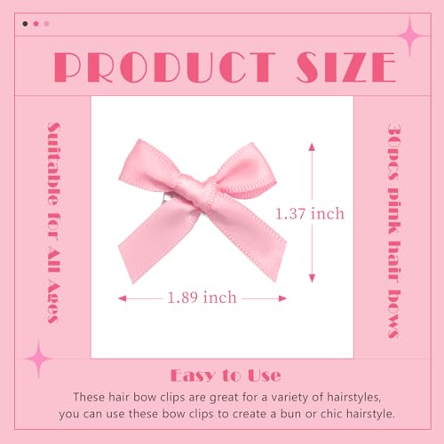 YAEISM 30PCS Bow Hair Clips Pink Satin Mini Bowknot Hair Accessories Cute Hair Bow Barrettes Ribbon Hairpins for Women Girls