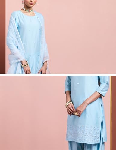 Image of Amazon Brand - Myx Women's Straight Embroidered Farsi Kurta Set with Organza Dupatta | Dhoti Pants (Available in Plus Sizes)