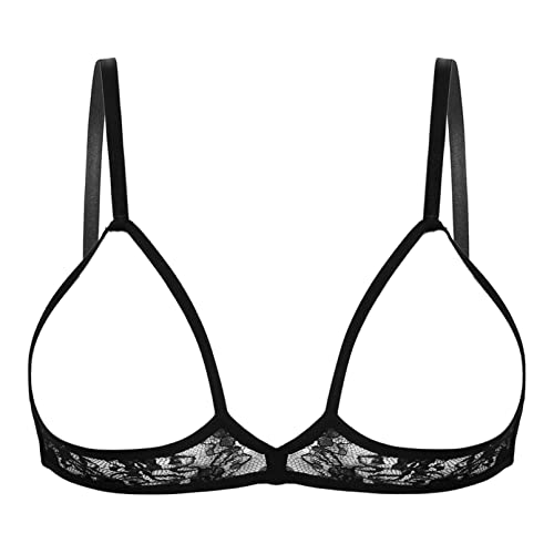 winying Women's Harness Elastic Cupless Cage Bra See Through Lace Lingerie Sexy Wireless Underwear Black Large