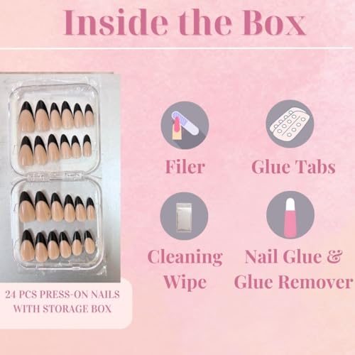 Image of Press On Nails Kit for Women 24 Pcs | Nude Beige Black French Tip Artificial Nails | Glossy Almond Shape Reusable Fake Manicure Set | Includes Nail Glue, Glue Tabs, Nail File, Cuticle Tool & Storage Case