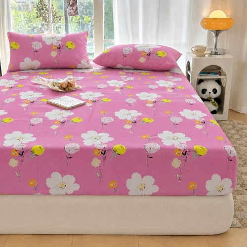 Image of VOMZER Premium 320 TC Fitted Bed Sheet with All Around Full Elastic - Deep Pocket Design - Wrinkle Resistant Fitted Bedsheet Size 60x78 Queen (Pink White Flower)