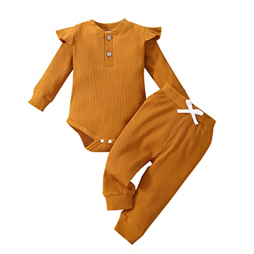 Image of Newborn Baby Boy Girl Clothes Ribbed Knitted Cotton Long Sleeve Romper Long Pants Solid Color Fall Winter Outfits (Y- Caramel, 3-6 Months)