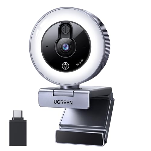 UGREEN 2K Webcam mit Ringlicht PC Kamera mit mikrofon Streaming Kamera mit Abdeckung Fixfokus 4 Fülllichtstufen 80°FOV USB-A/C Anschluss Kompatibel mit PC/Laptop/Windows/Mac/Linux/Skype