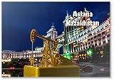 Kühlschrankmagnet Astana, Kasachstan, eine Miniatur-Ölpumpe gegen das Gebäude der nationalen Öl- und Gasgesellschaft der Republik Kasachstan "Kazmunaigas"