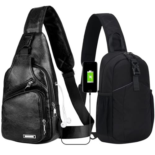 Peicees Leather Sling Bag Mens Crossbody Chest Bag Sling Backpack Travel Hiking Daypack, Leather Black and Nylon Black