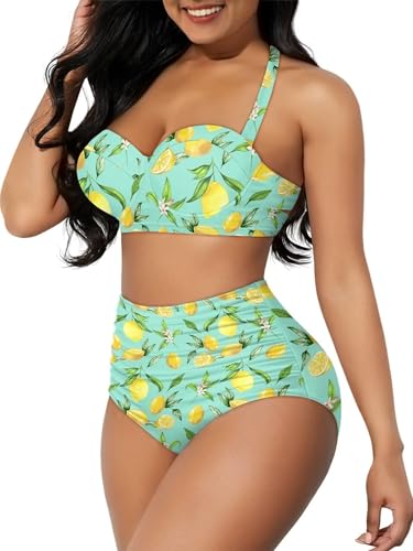 Mushroom & Fruit Print Women's Two-Piece Lace-up Swimsuit Halter Ruched High Waist Bikini Set4