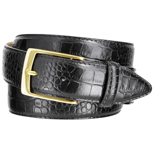 Joseph Gold Buckle Men's Designer Leather Dress Belt 1-3/8' Wide (Alligator Black, 38)