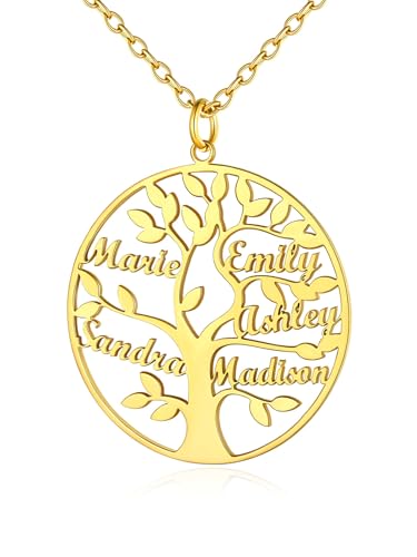 Custom4U Collier Arbre de Vie 5 Prénoms Personnalisable Plaqué Or Pendentif 5 Noms d'arbre Généalogique à Graver