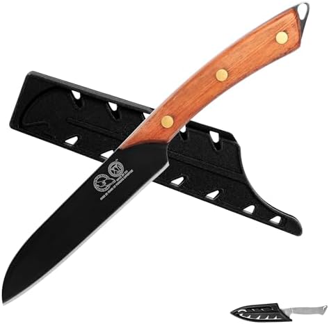 XYJ Authentic Since 1986, 5 Inch Japanese Style Santoku Knife with Blade Cover, Mini Knife, Washing Cloth, Kitchen Knife, Pakkawood Handle, Slicing Chef Knives