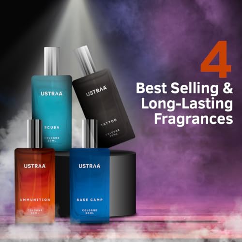Image of Ustraa 4Play Mini Cologne Gift Set for Men | 4x20ml Perfumes - Tattoo, Basecamp, Scuba & Ammunition | Premium, Long-Lasting Fragrance Collection | Gift Pack for Him