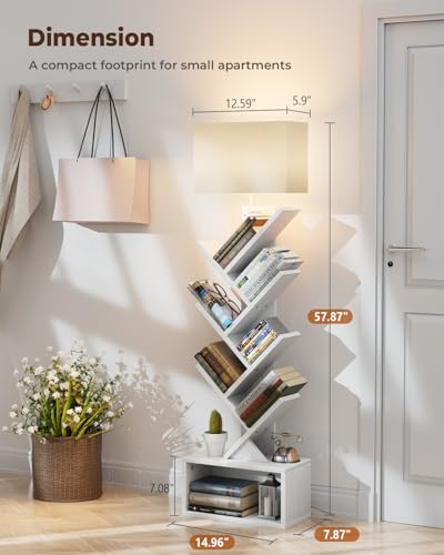 Evermagin 6 Tier Tree Bookshelf with Light, Narrow Bookcase Tower, Tall Floor Standing Book Shelf Organizer with Storage Cabinet for Living Room, Bedroom and Home Office, White