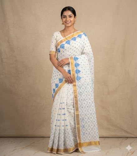 Image of eC ESHA'S COLLECTION Women's Kerala Cotton Floral Motif Printed Zari Bordered Tant Saree Without Blouse Piece