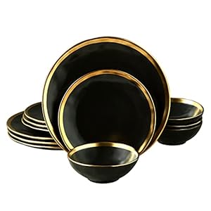 Matte Black Plates and Bowls Sets, 12 Piece Dinnerware Sets Service for 4, Dishes, Round Plates, Bowls, Golden Rim Dish Set for Home Decor