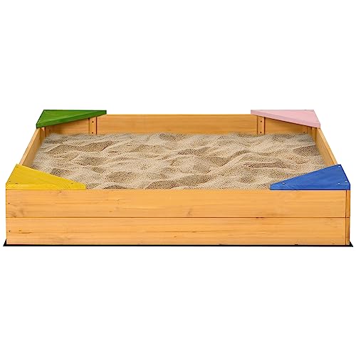 Outsunny Bac à Sable carré en Bois pour Enfants 4 sièges d'angle et Film Protecteur 109 x 109 x 19,8 cm Bois Naturel