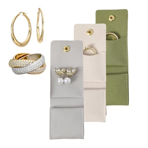 Organizador de aretes – Juego de bolsas de 9.05 pulgadas | Súper fibra – 3 piezas de almacenamiento de joyas plegables para anillos, collares, pulseras, bolsas para mujeres y niñas, viajes, vacaciones
