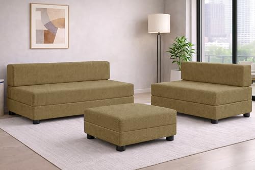Image of Rosebell 3+2 Convertible Leg Sofa Cum Bed Set with Ottoman Foldable Modular Seating & Sleeper ? Space Saving Living Room Furniture Jute Fabric-Golden