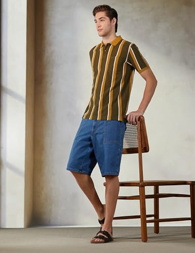 Image of Peter England Men's 100% Cotton Vertical Striped Polo T-Shirt - Casual Wear | Sleek & Comfortable