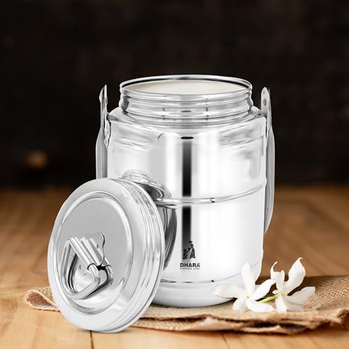 Image of Dhara Stainless Steel 1100 ml Dolchi Oil & Milk Container with Lid, Jointless One Piece Storage Pot with Screw Lid and Handle