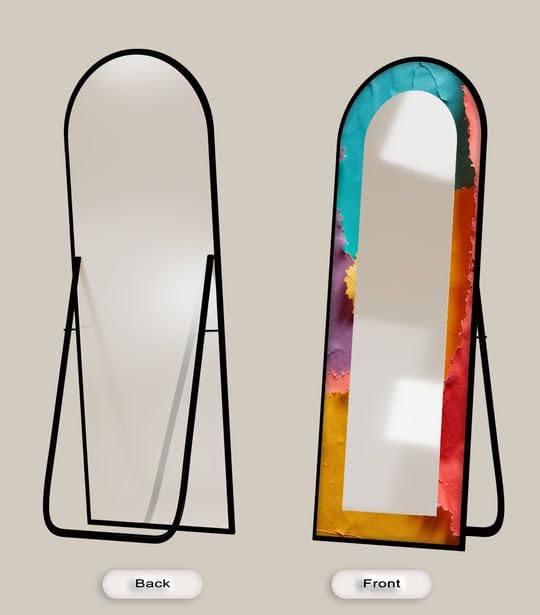 Specchio da pavimento astratto a forma di onde arcobaleno da 63,5 x 160 cm (larghezza x altezza), specchio da pavimento con cornice nera e cornice nera