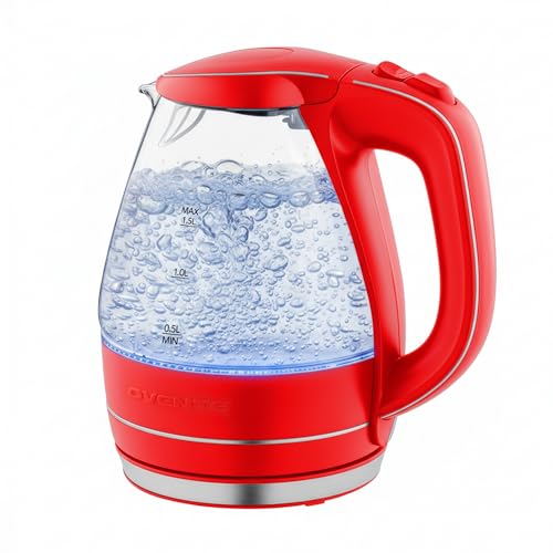 Image of OVENTE Electric Kettle, 1.5L Borosilicate Glass Countertop Water Heater and Boiler for Coffee or Tea, BPA-Free, Auto Shut-Off, Boil-Dry Protection, Removable and Washable Spout Filter, Red KG83R