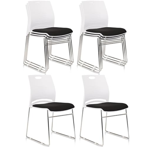 Image of CLATINA Stacking Home Office Guest Chair, Reception Stackable Chairs with Metal Sled Base, Conference Lobby Waiting Training School Kitchen Banquet Chair, Plastic Desk Chairs No Wheels, White, 8 Pack