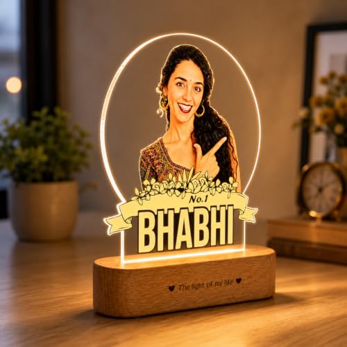 Image of ZOCI VOCI Personalized Rakhi Gift - No. 1 Bhabhi Custom UV Printed LED Photo Lamp, Warm White Acrylic Night Lamp with Wooden Base, Customized Photo Gift for Sister-in-Law, Rakshabandhan Gifts