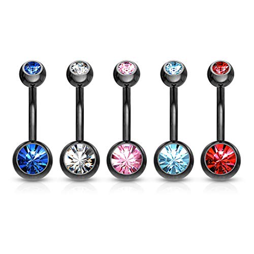 Fifth Cue 14G Black Titanium Ip 316L Double Cz Barbell Belly Ring (Light Blue/Clear) #TOP4