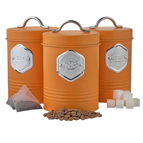 Cooks Professional 3 Piece Tea Coffee Sugar Canister Set | Labelled Storage Tins | Airtight Container for Kitchen Essentials | Orange & Silver