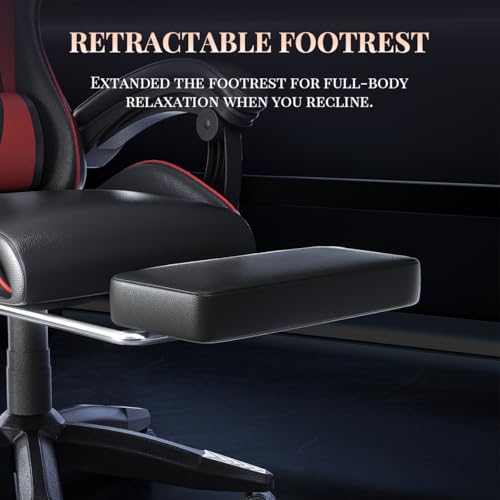 bigzzia Gaming chair with massage function, ergonomic gamer chair with footrest, headrest, lumbar cushion, height adjustment, tilt 90°-155°, gaming chair for gaming, work, relaxation (Red) - Image 6