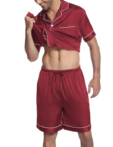 Image of Ekouaer Mens Satin Pajamas Set Button-Down Short Sleeve Shirt Top Soft Silk Sleepwear Shorts with Pockets