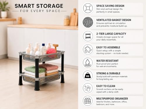 Image of KITCHIVO Multipurpose Storage Organizer Slim Rack Shelf with Wheels for Living Room, Office, Bedroom, Bathroom, Kids Room, Kitchen Trolley (Grey, 2 Layer)