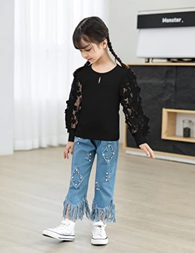 Image of Toddler Girl Clothes 3T-4T toddler girls fall winter outfits Black Lace Butterfly Long Sleeve Light Blue Jeans 2Pcs Fashion Gift Set