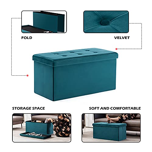 HNNHOME Fluwelen poef, opvouwbare Ottomaanse voetenbank met opbergruimte, speelgoedkist met deksel, opvouwbare voetenbank, stoel voor de woonkamer, slaapkamer (82 x 40 x 40 cm, groenblauw, groot) - Afbeelding 5